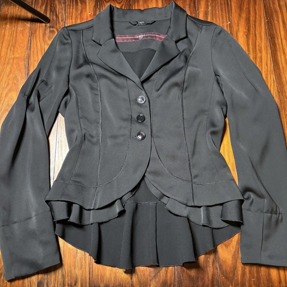High Tech Claire Campbell Black Cinched Ruffle Blazer Jacket 6 New Steampunk Lux